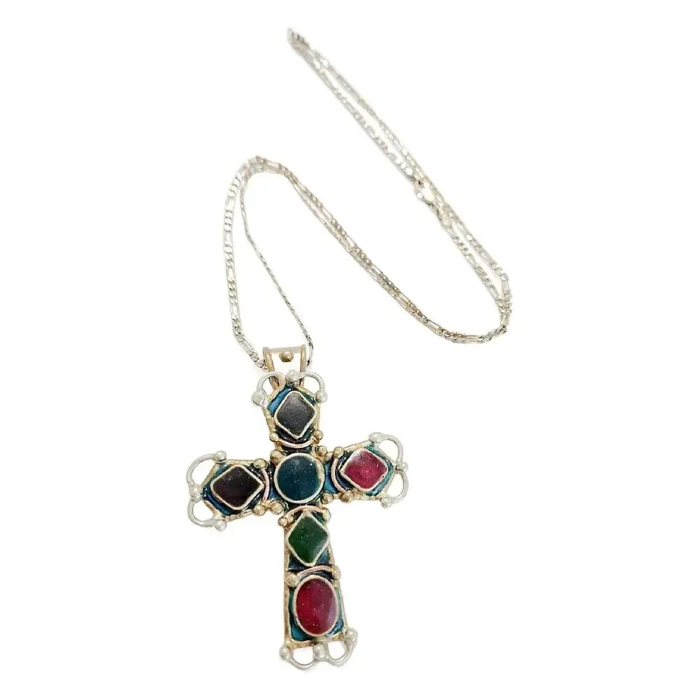 Vintage Artisan Semi Precious Stone Cross Necklace